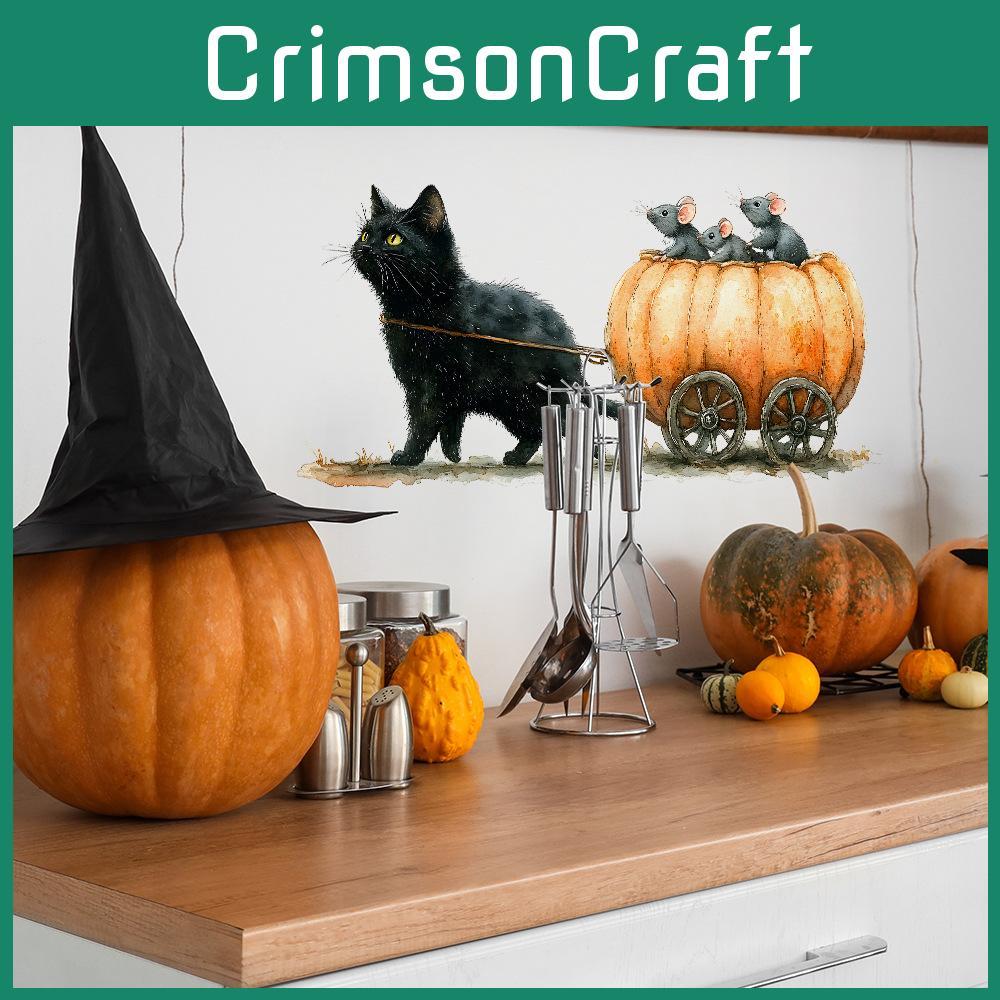 Halloween Cartoon Cat Pulling Pumpkin Cart Sitting Mouse Home Stickers Decor