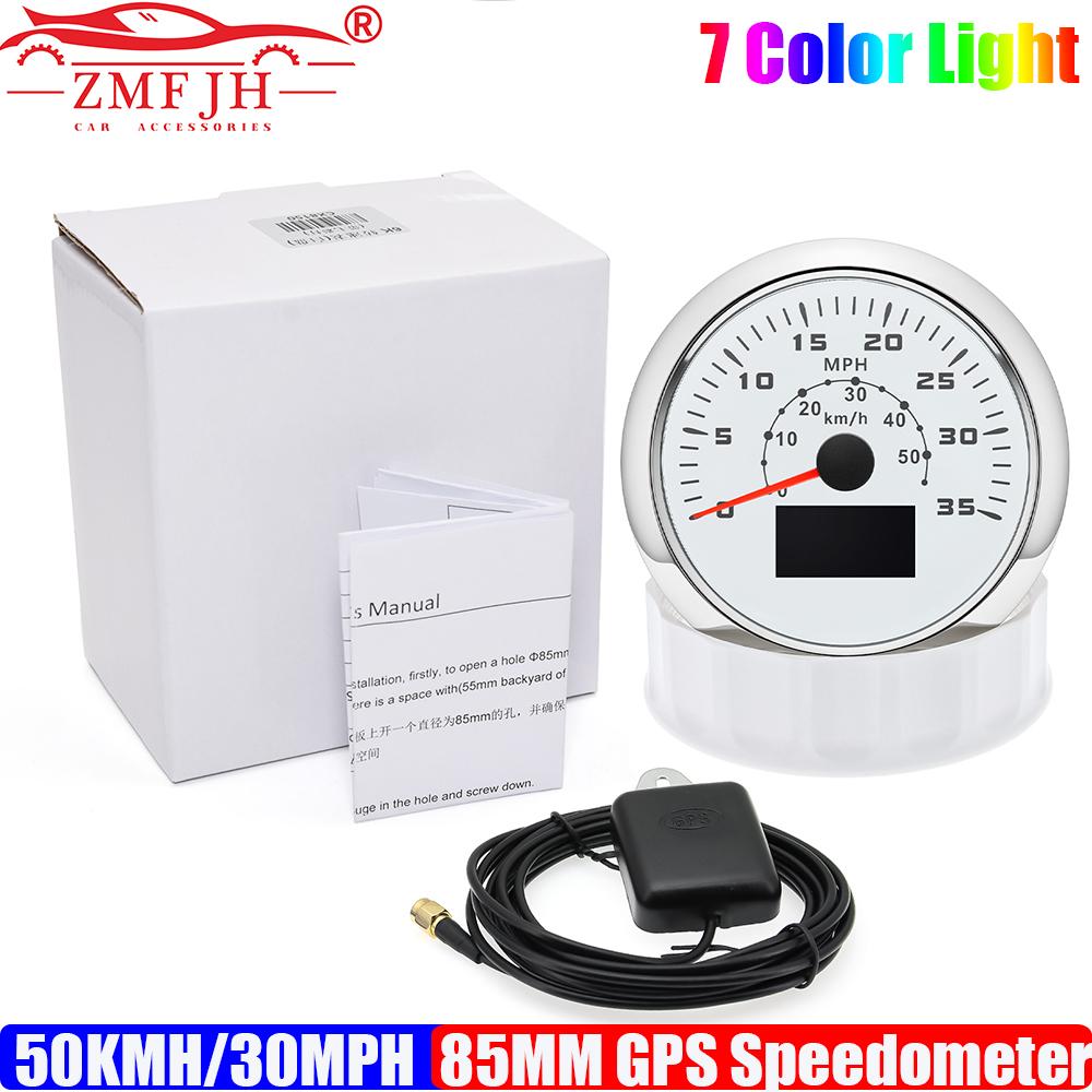 

ZMFJH 7 Color Backlight 85MM GPS Speedometer Gauge with Antenna 0-50KMH,0-30MPH Speed Meter Odometer Mileage COG TRIP Car Boat WS