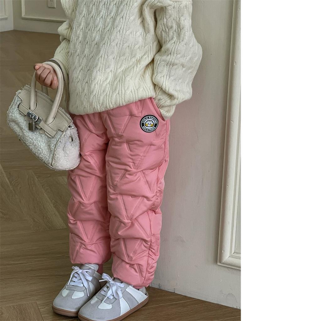 Autumn Winter Childrens Down Pants Kids Thick Cotton Ski Pants Boys Girls Winter Plus Velvet Warm Trousers Toddle Waterproof Outdoor Pants for 3-9Y