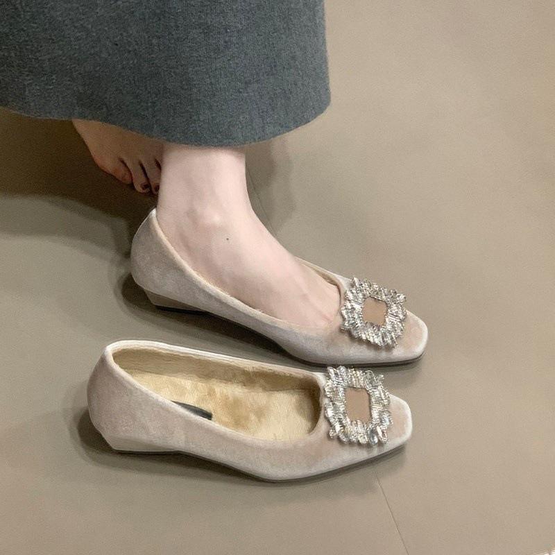 First encounter season temperament velvet rhinestone slope heel single shoes winter velvet warm small fragrant style wedding shoes 35
