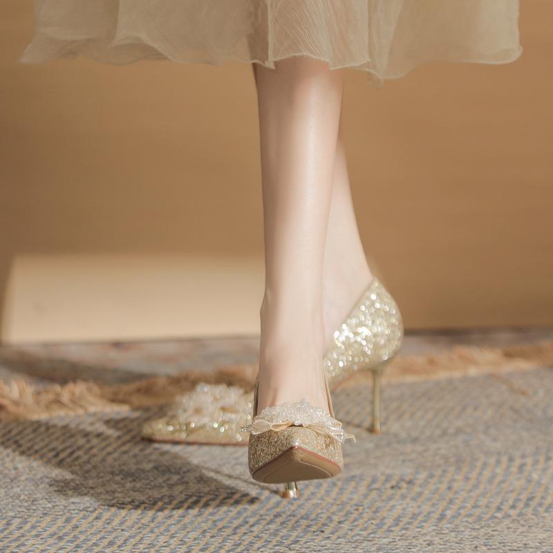 Women's shoes wedding high heels not tired feet silk sequined flower shoes stiletto women's shoes versatile pointed single shoes