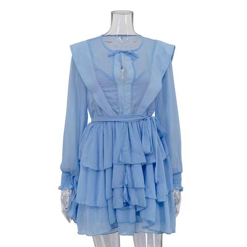 

New Arrival French Sexy round Collar Gauze Shoelace Dress Sexy Perspective Lace up Dress Blue L