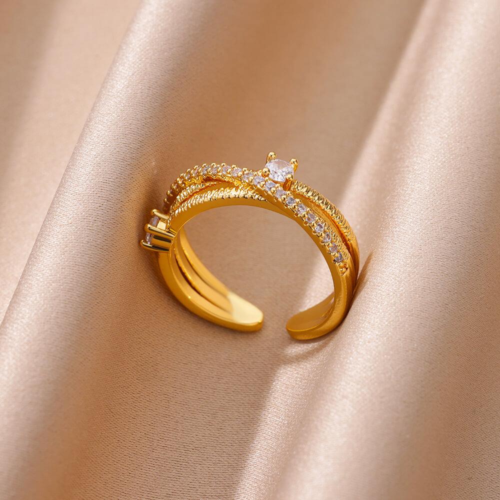 Zircon Chain Cross Rings For Women Vintage Gold Color Stainless Steel Geometric Open Ring Fashion Wedding Aesthetic Jewelry Gift