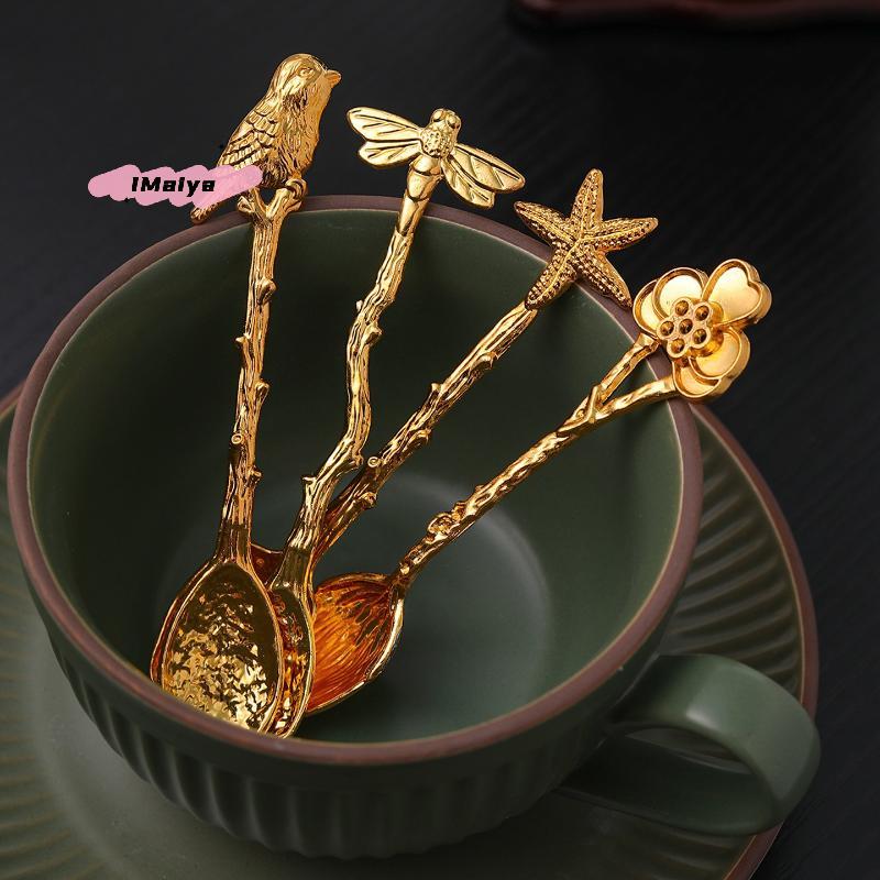 Retro Metal Coffee Spoon Ice Cream Cake Dessert Spoon with Dragonfly Branches Leaves Design Kitchen Tableware Gadgets