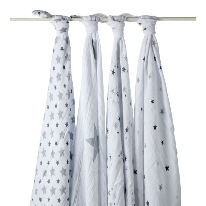 Maxi Langes Twingle Gris - Étoile Grise - Lot De 4 - 100% Coton - Perméable À L'air