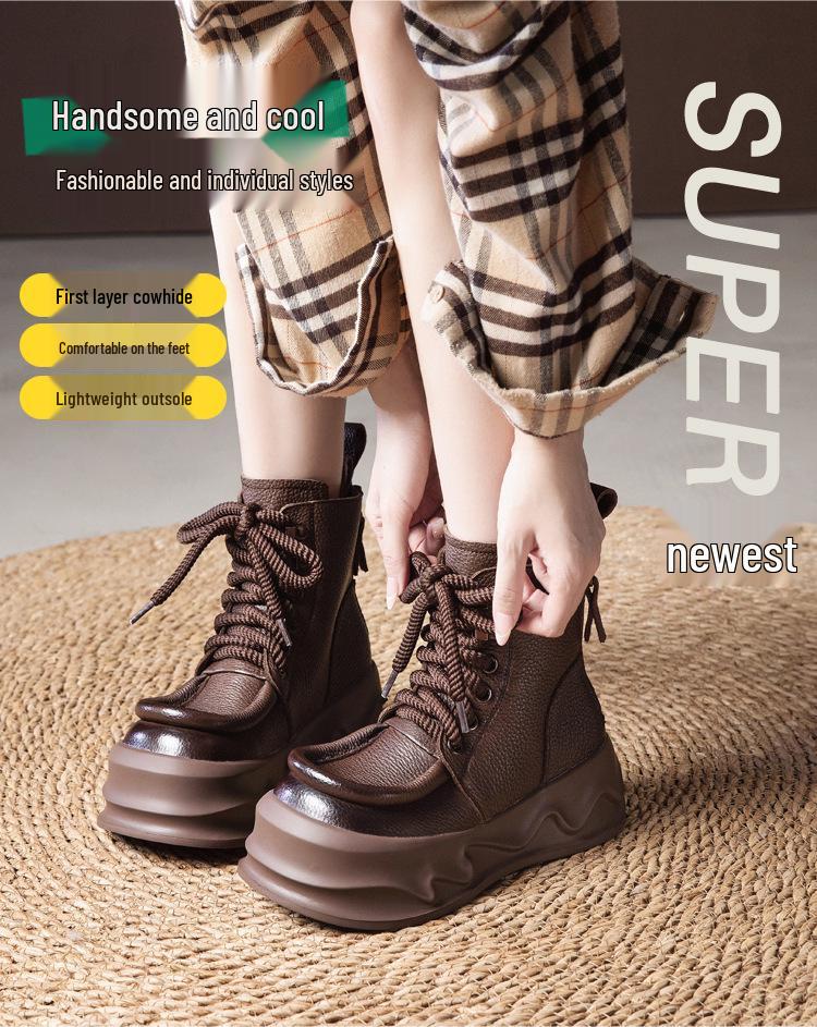 Women's Genuine Leather Retro Martin Boots - British Style Slimming Ankle Hiking Boots with Thick Sole for Autumn/Winter 2025