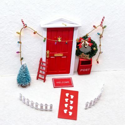 11Pcs Doll Houses Miniature Christmas Decor Set Plastic Tree Lights Wreath Mailbox Fairy Doors DIY Scene Kit Red Accessories