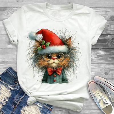 Fashionable Printed T-Shirt for Women's Holiday Cute Style 90s Shirt New Year T-Shirt Christmas Happy Cat Pattern Trendy T-Shirt