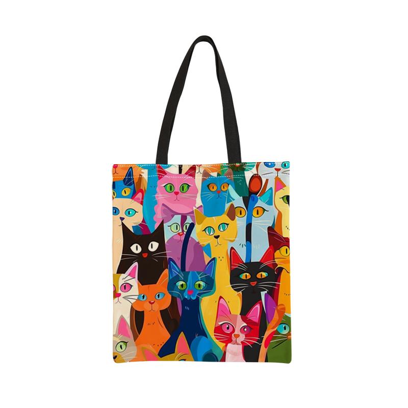 Colorful kitten printed casual handbag, reusable fashionable backpack, multifunctional handbag, printed canvas shopping bag