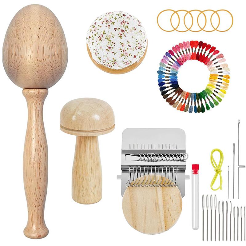 Mini Darning Loom,Mushroom Knit Patch Kit With 14 Hooks Small Weaving Loom 14 Pcs Large Eye Needles 50 Color Threads