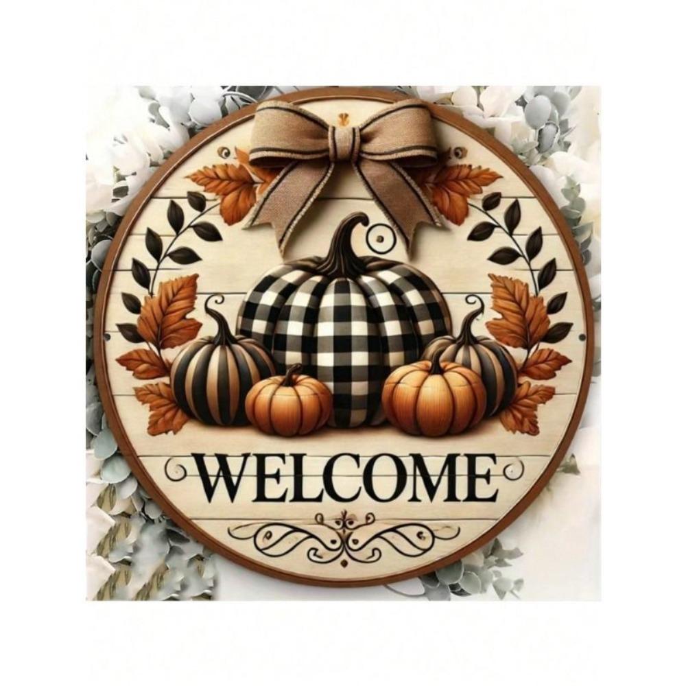 Farmhouse Round Tin Sign Pumpkin Wreath Home Garden Wall Decor
