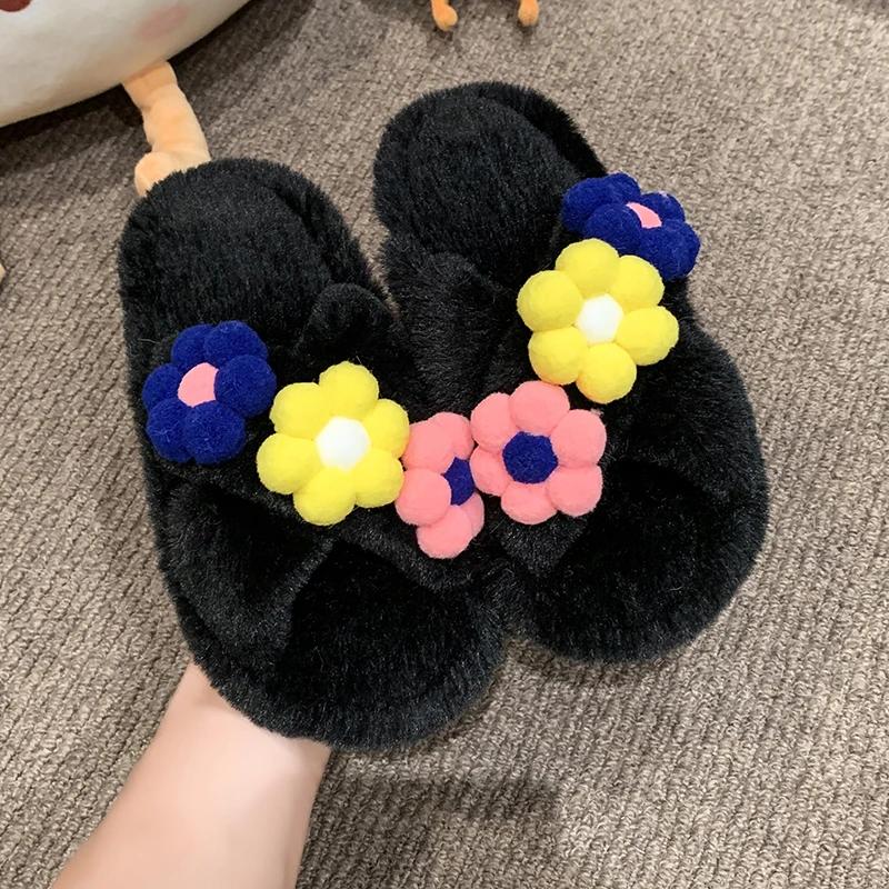 New Sweet Girls Winter Fur Slippers Elegant Flower Children Princess Warm Home Slippers Fashion Soft Versatile Kids Causal Shoes
