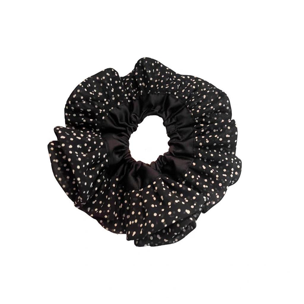 Korean-Style Extra Large Polka Dot Satin Scrunchie with Ruffle Hem - Women's High-End Elastic Hair Accessory