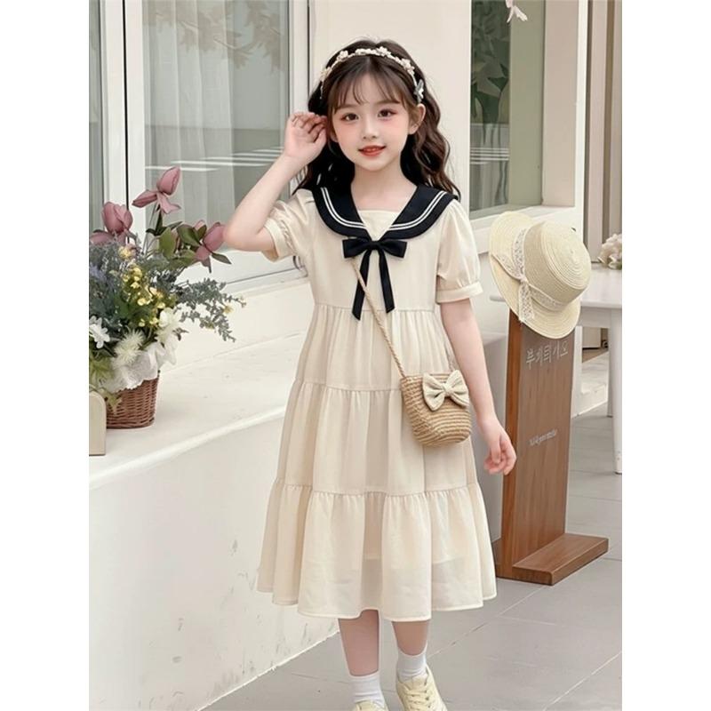 Sweet Peach-colored Dress for Girls - Summer Children's School-style Princess Dress