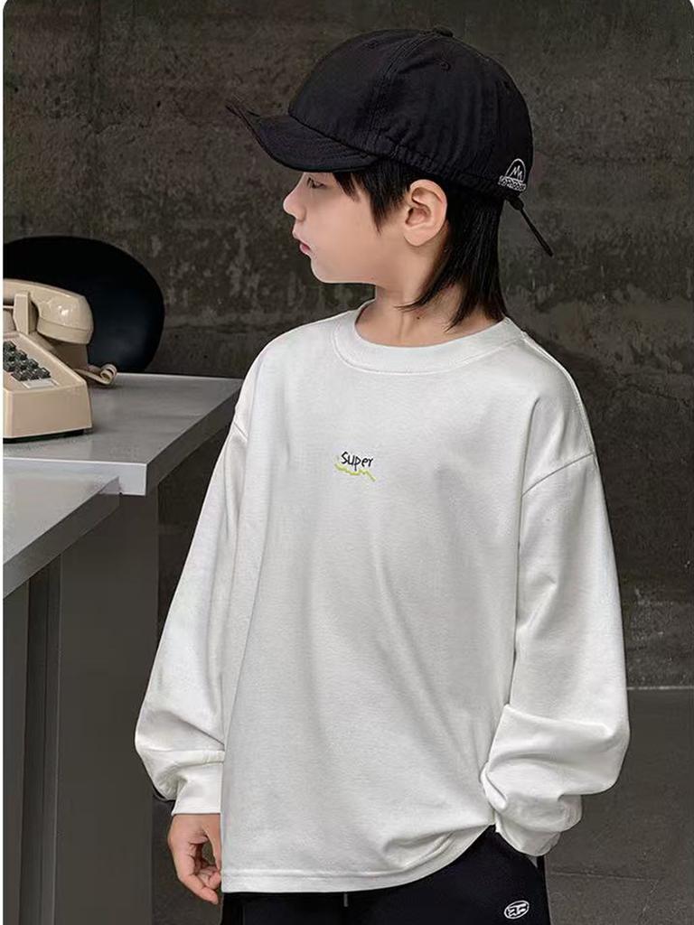 Boys Cotton Long Sleeve T Shirt Spring Autumn White Base Layer Top For Big Kids