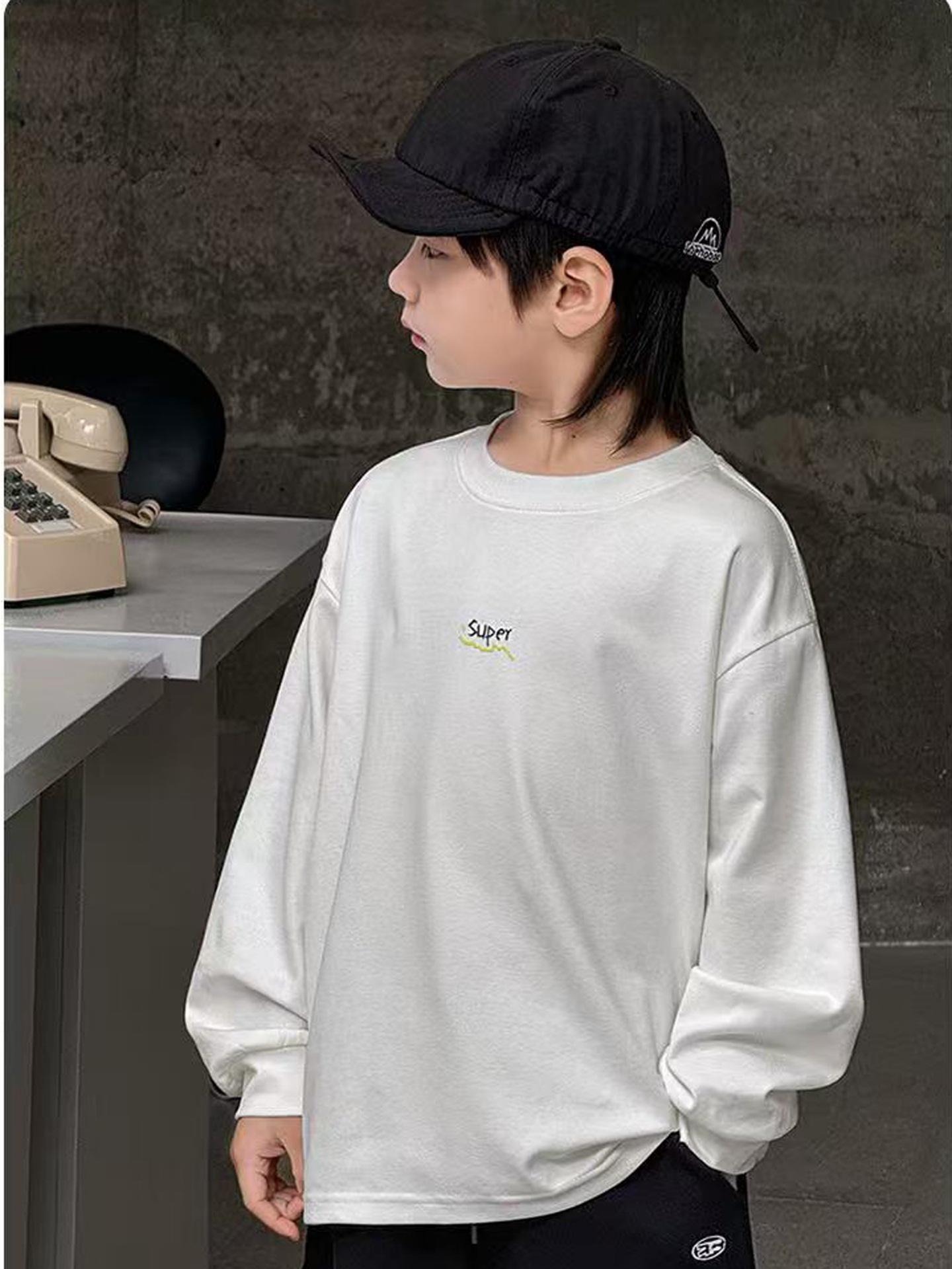 Boys Cotton Long Sleeve T Shirt Spring Autumn White Base Layer Top For Big Kids 110