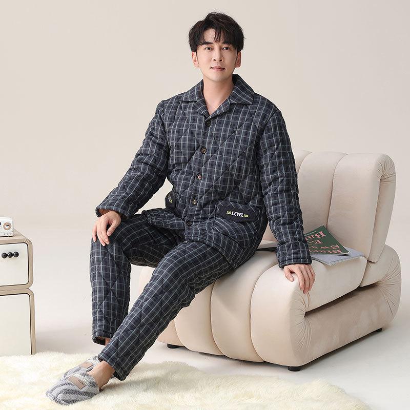 Pajamas Men'S Winter Velvet Thickened Woven Pure Cotton Three-Layer Padded Cotton Jacket Autumn And Winter Loungewear