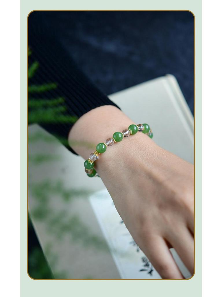 Fresh Natural Hetian Jade & White Crystal Bracelet with 925 Silver Spacers