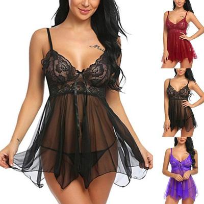 European & American Style Sexy Lingerie: Women's Sheer Front Slit Suspender Nightdress.
