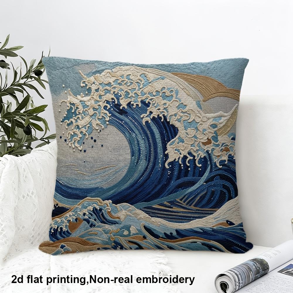 2D Flat Printing, 1pc, Embroidered Ocean Wave with Intricate Textures, Pillow Cover, Double-Sided Printing, Polyester, Decorative Pillow Cover Living