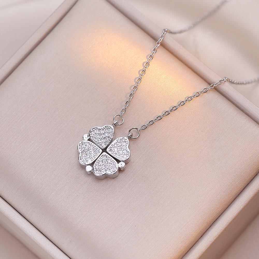 1pc Heart Shaped Four Leaf Clover Pendant Necklace Jewelry Zircon Women Love Clavicle Chain Gifts Openable ChokerJewelry