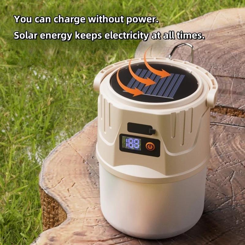 Long Endurance Camping Light Solar Powered Supports Type-C Charging Digital Display Outdoor Tent Light Emergency Light Hook