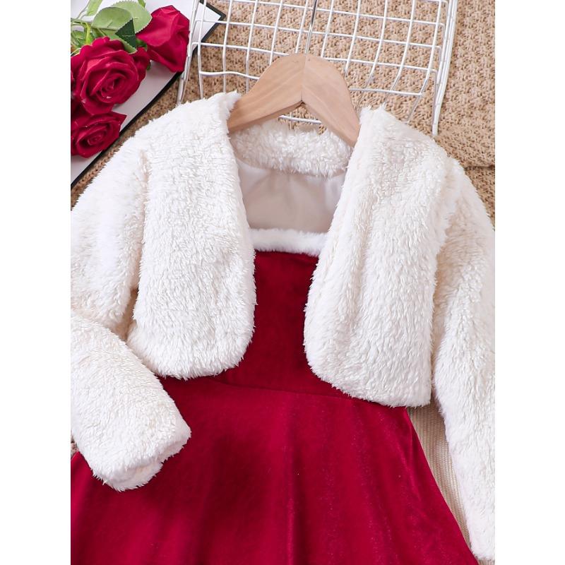 Girls' New Autumn and Winter Christmas Fashion Set Plush Jacket + Velvet Strap Skirt Two-piece, Perfect for Outdoor