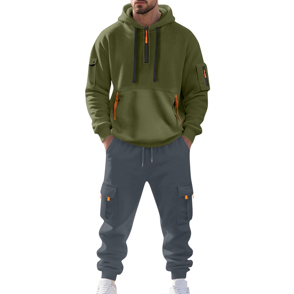 Pánský jednobarevný ležérní oblek Volná sportovní mikina s kapucí s kapsami Kombinéza s více kapsami