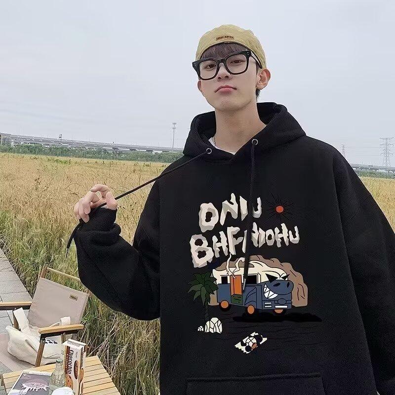 Herrtröja med huva, avslappnad, lös, trendig topp, tryckt med bokstäver, allmatchande jacka