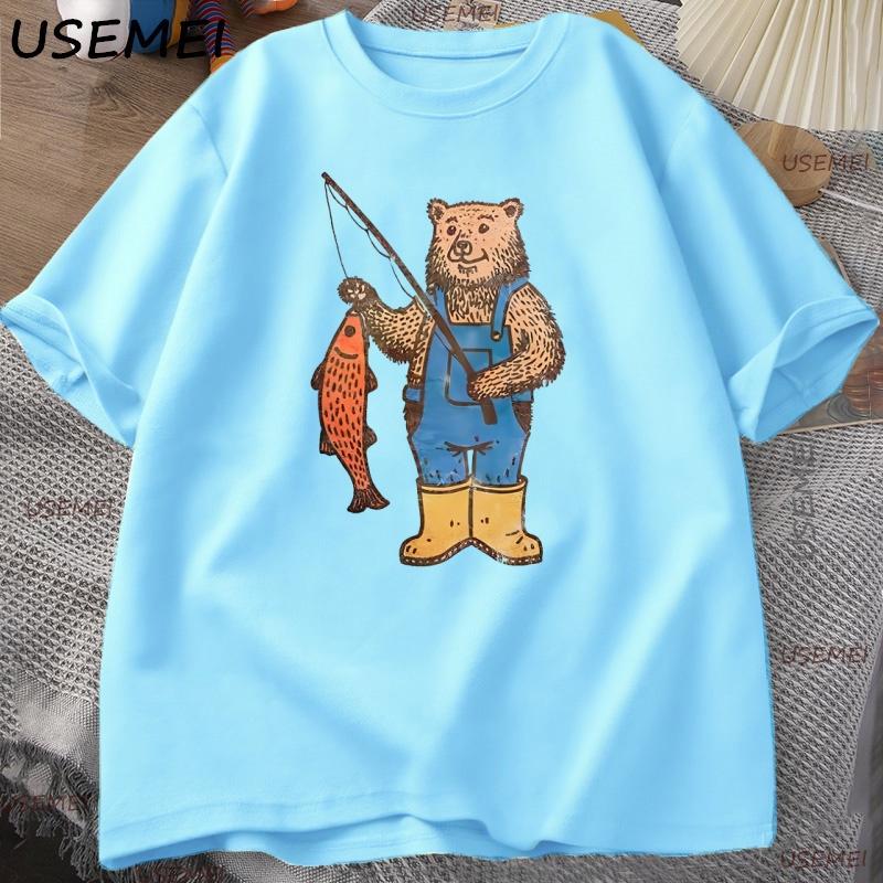 

Bear Fishing T Shirt Graphic Tee for Unisex Women Vintage Nature Lover Gift for FisherUnisex Tshirt Cotton Short Sleeve Tees Clothes 4XL