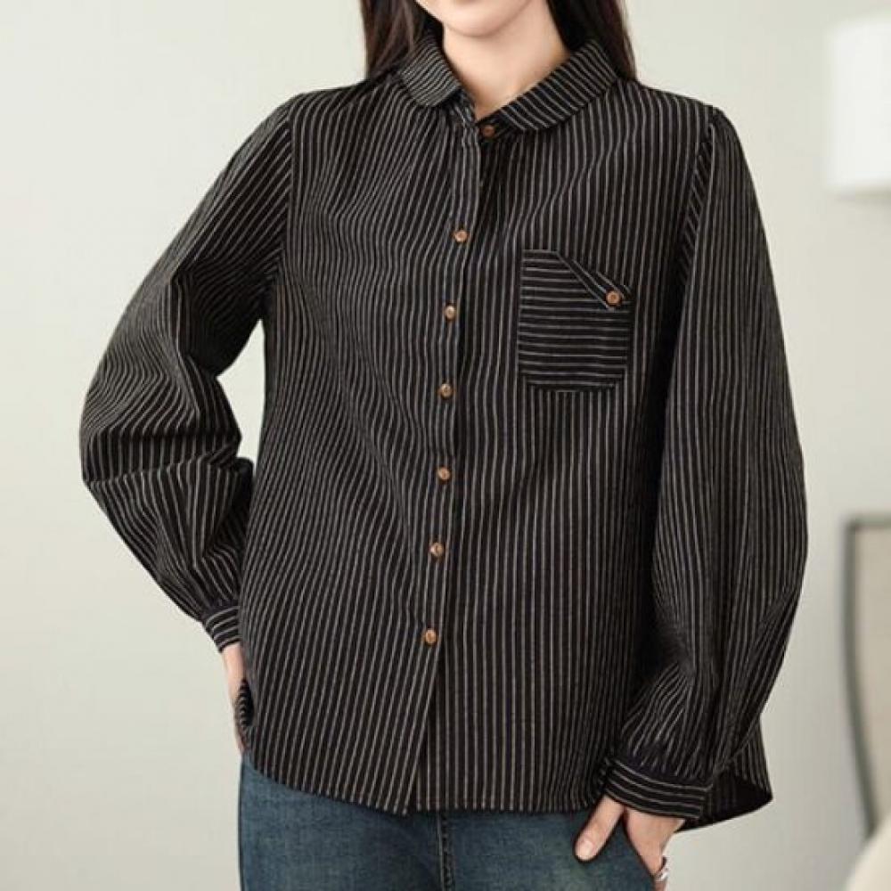 Navava Women Retro Pocket Stripe Long Sleeve Shirt Nb2976