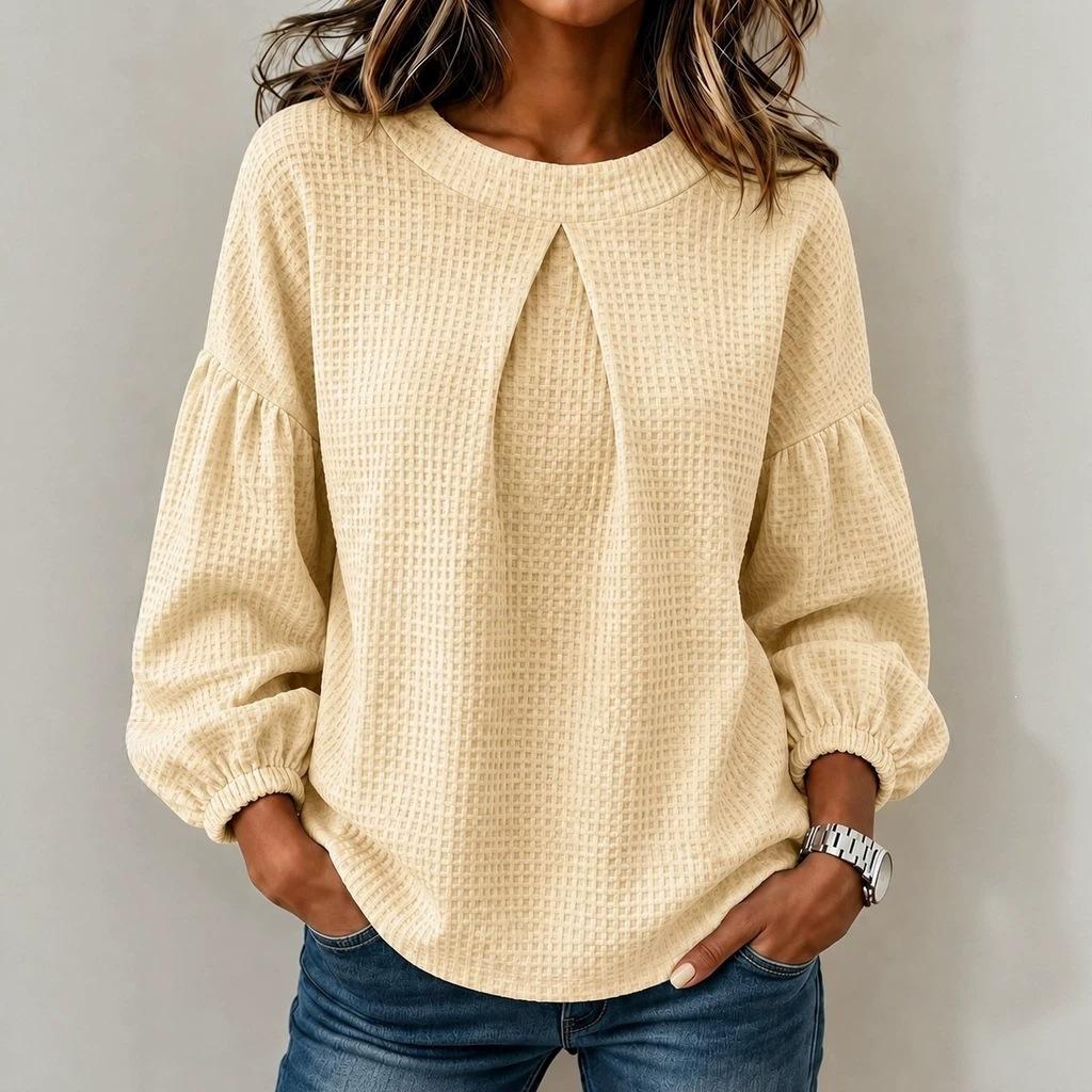 Women's Waffle Solid Color Top Shirt European and American Lantern Sleeves Round Neck Simple Long Sleeves