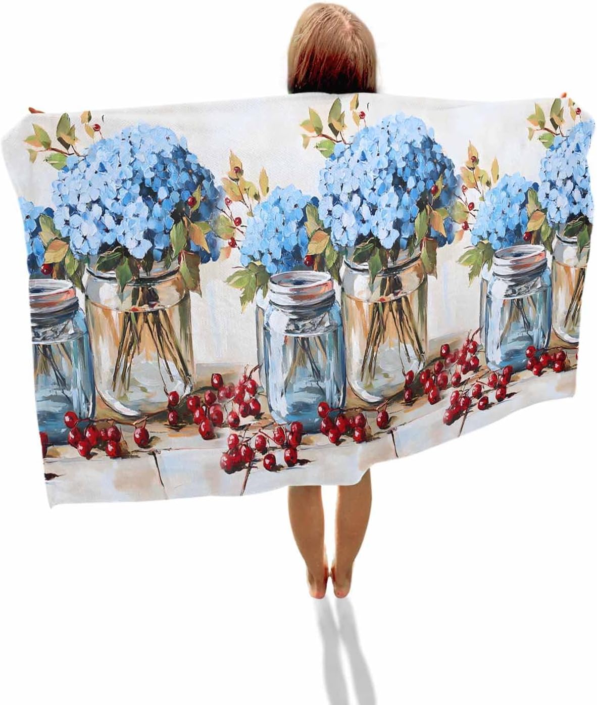 

Flowers Fruit Beach Towels Oversized Super Absorbent,Blue Hydrangeas Vintage Farm Leaves Lightweight Bath Towel Quick Dry Sets W30*H60(CM)