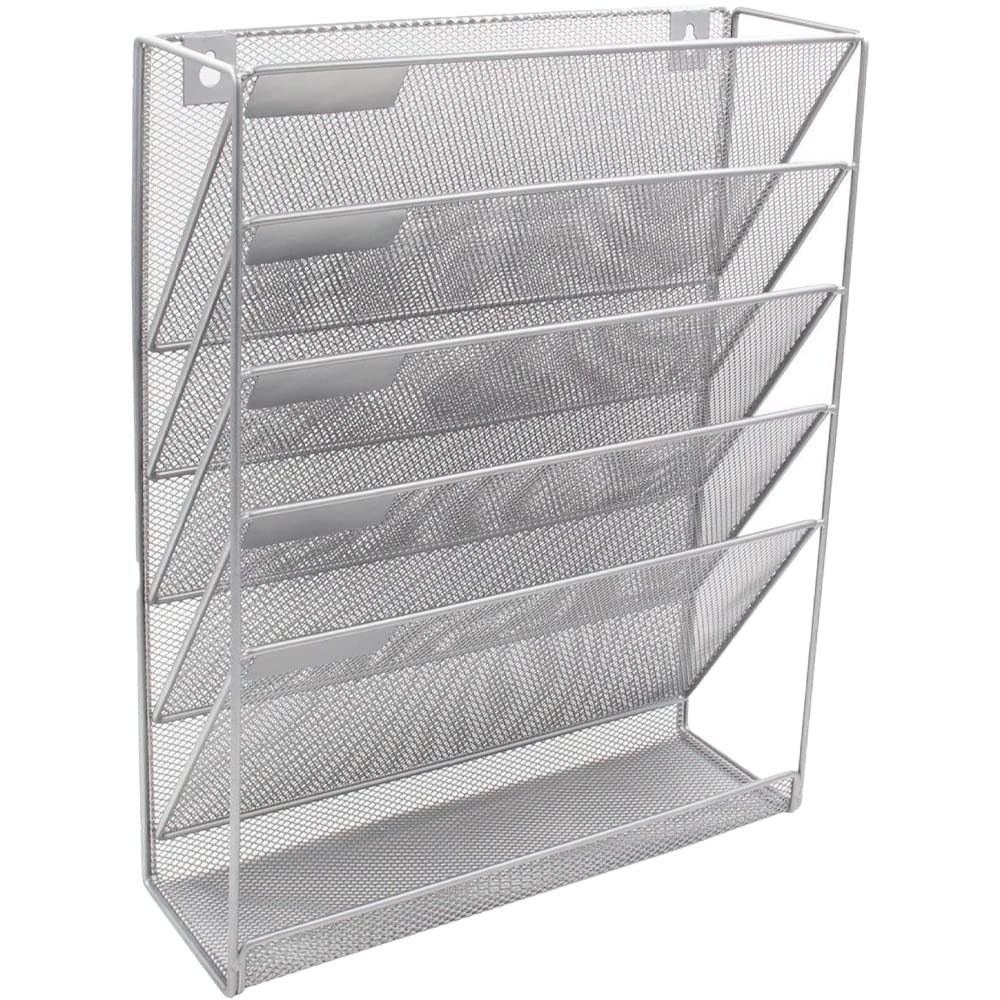 HIRAISM Wall-Mounted File Rack, Desktop Storage, Document Shelf, A4 Size, Mesh Steel, 6 Tiers (Silver)
