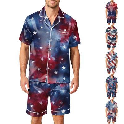 Men Satin Short Sleeve Pajama Set Two Piece Lightweight Sleepwear with Pockets Button Down Shirt and Shorts Comfortable Fit