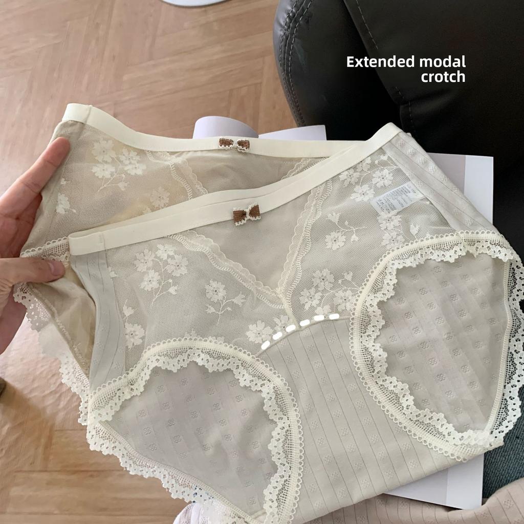 Women's Spring Summer Lace Mesh 10A Antibacterial Extended Crotch Mid Waist Panties