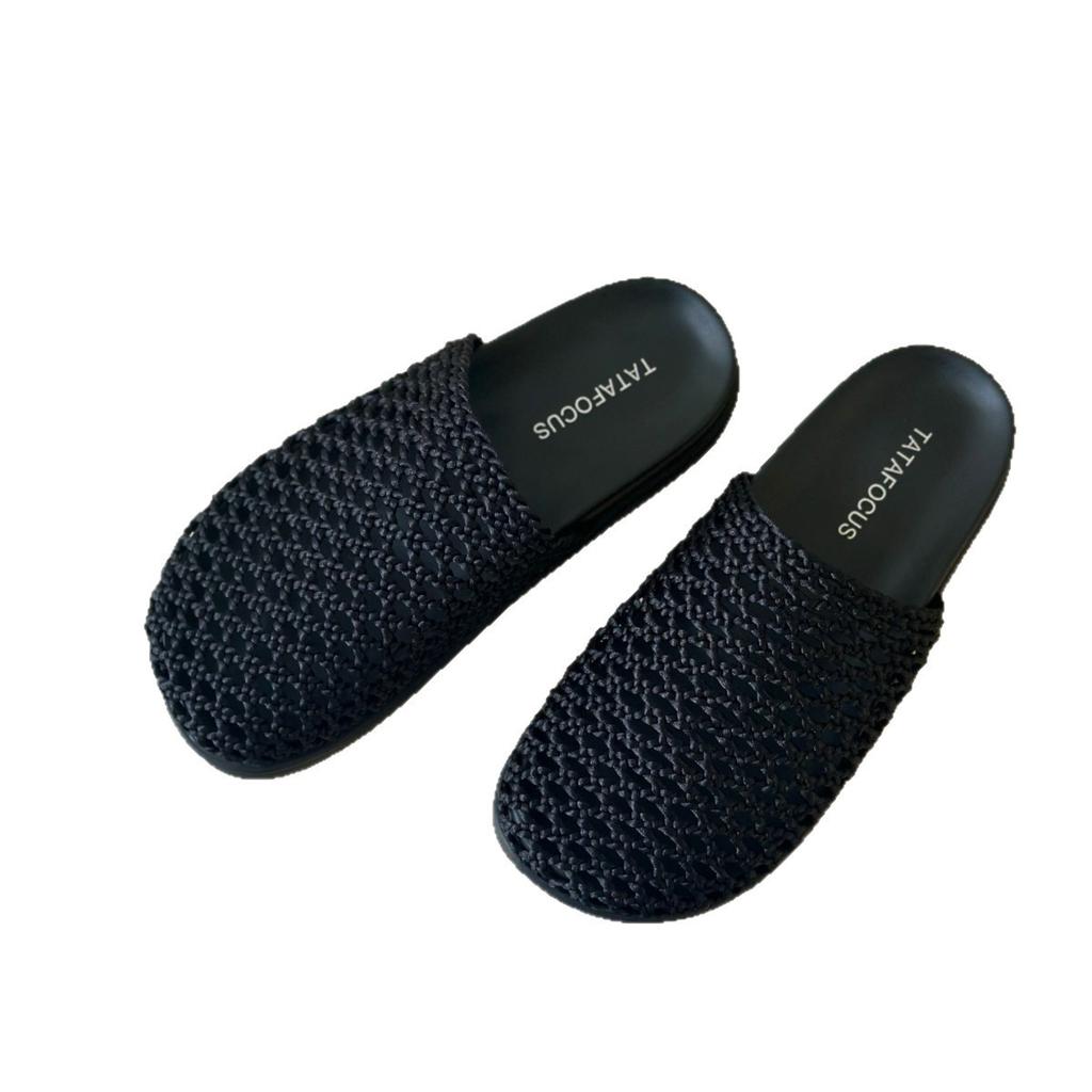 2025 new leather hand-woven retro bag head slippers wear thick bottom hollow one pedal lazy sandals woman