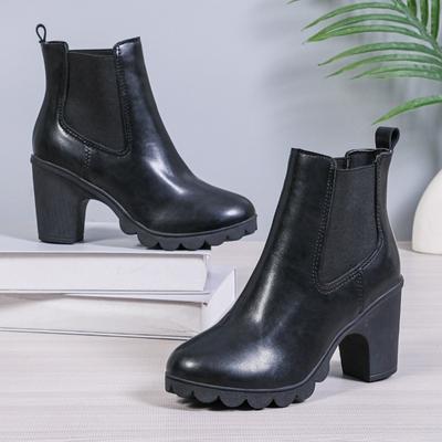 Damenschuhe Winter Heißer Verkauf Runde Zehe Einfarbig Damenstiefel Dicke Ferse Ärmel Damen High Heel Kurze Stiefel