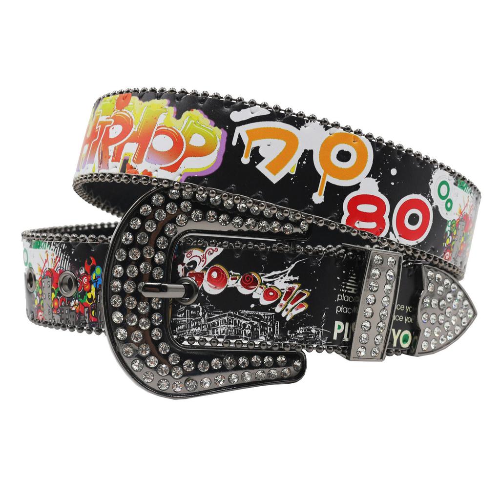 New Bohemian Print Graffiti Casual Versatile Personalized Belt Rhinestone Belt Decoration European and American Versatile