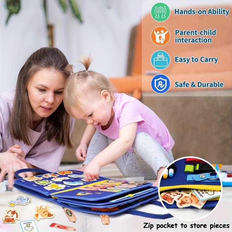 Montessori Busy Board für Kleinkinder Sensorisches Spielzeug Feinmotorik Aktivität Reise Lernen Geschenk für Jungen Mädchen Blaues Polyester