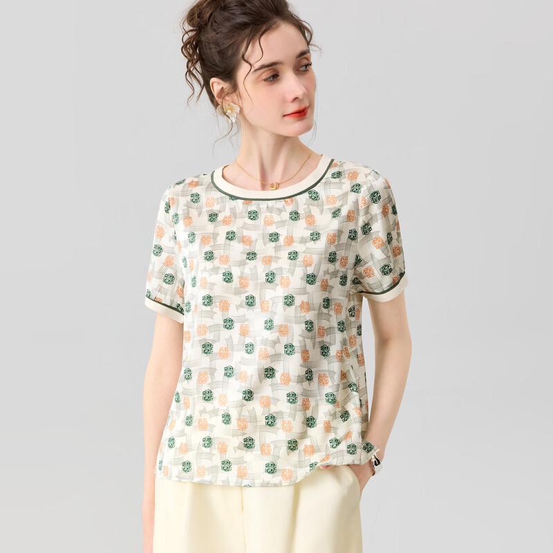 Snowforte Women s Silk Blend Printed Satin Short Sleeve Shirt L