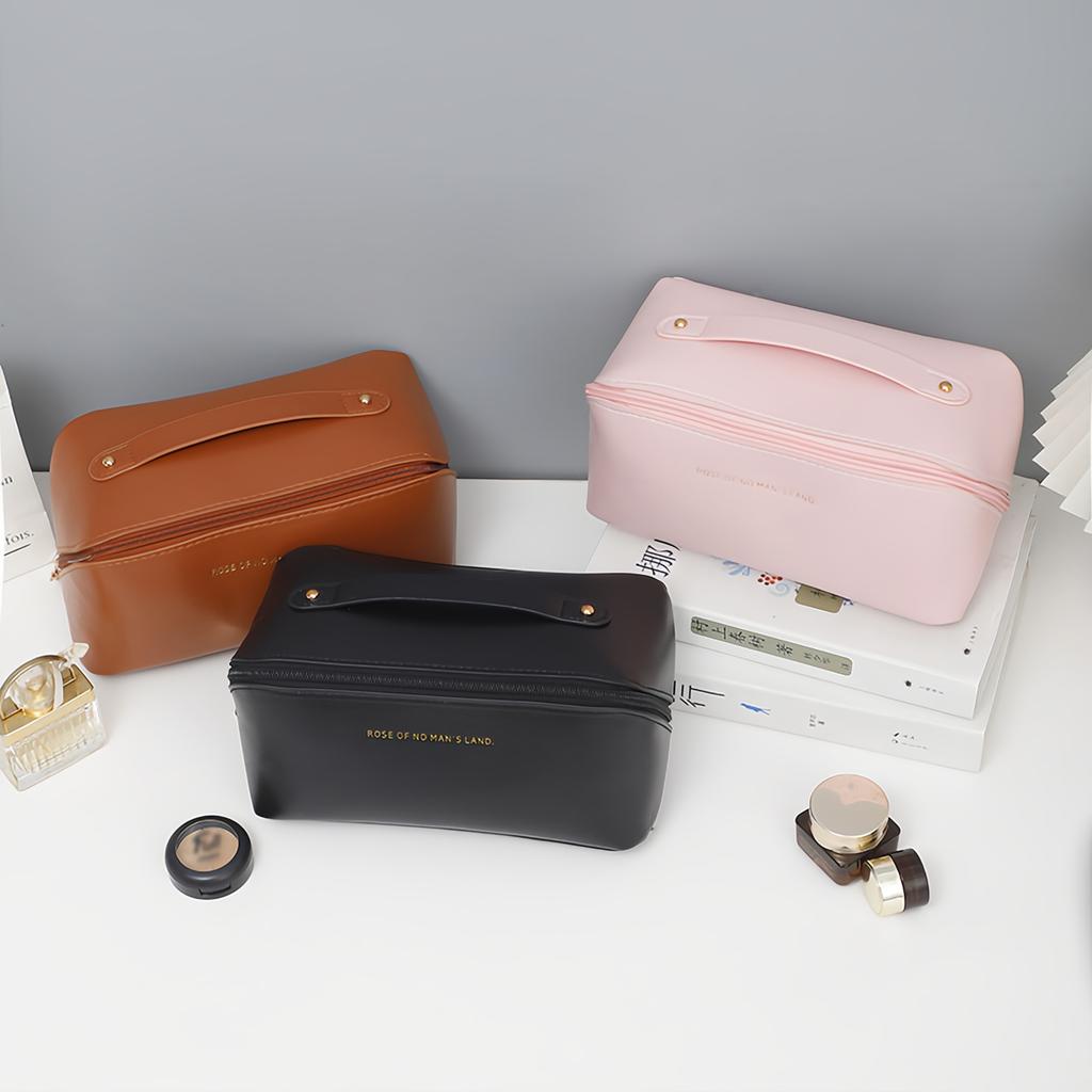 Large Cosmetic Organization Bag - Multi-functional travel pillow bag with portable handle, stylish large opening cosmetics-tan