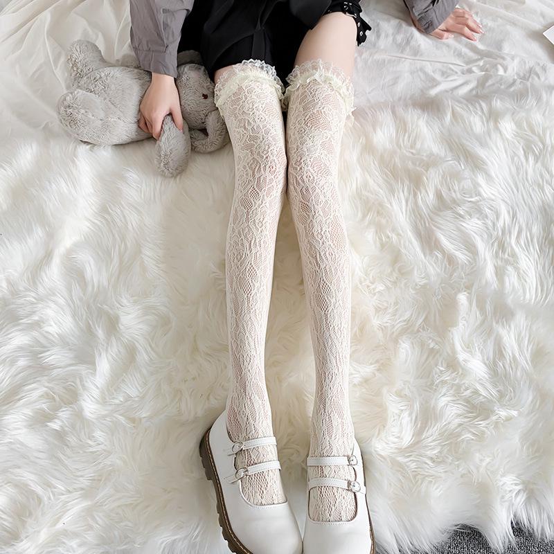White Lace Lolita Mid-Tube Calf Socks - Women's Japanese Long Lace Stockings, Over-the-Knee Style.