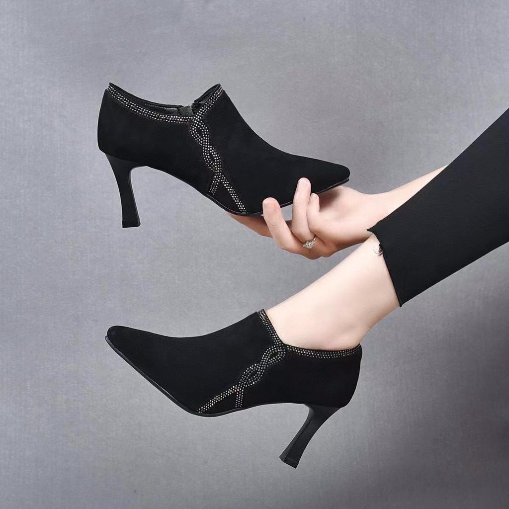 Pointed high heels spring new fashion sheepskin rhinestone single shoes stiletto zipper fashion shoes