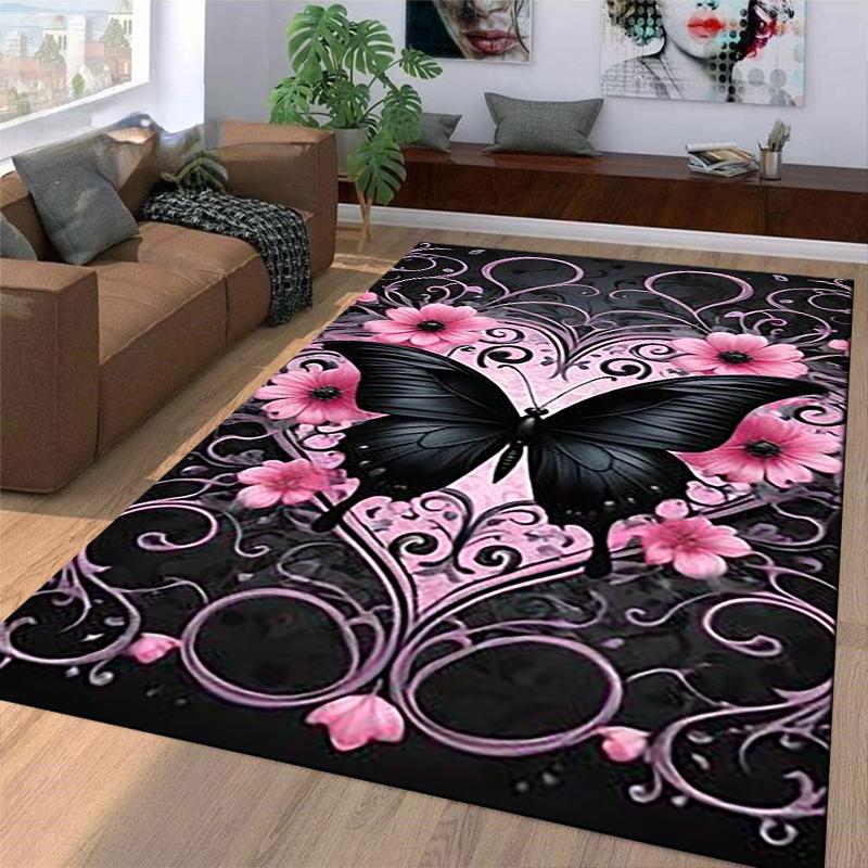 Black Butterfly with Pink Flowers and Heart Pattern Carpet Design Suitable for use as an anti-slip for living room bedroom sofas
