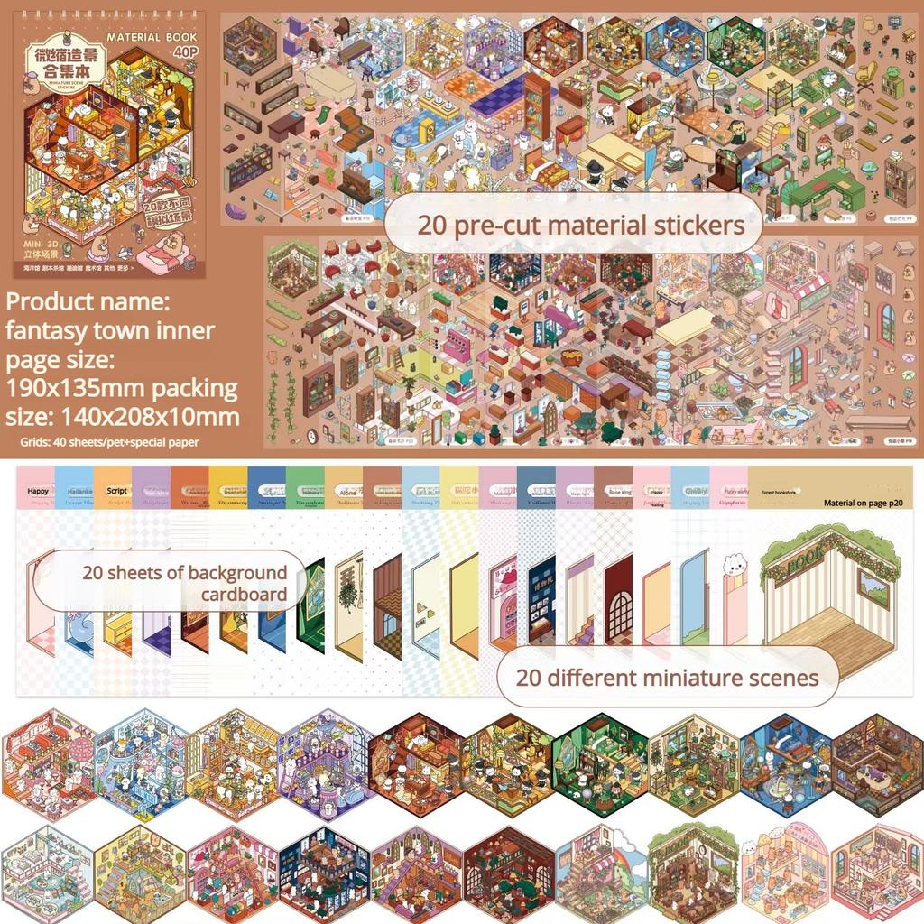 Miniature Scene Collection Book with 20pcs Scene Card Paper & 25pcs Sticker & 1 Count Tweezers, 3D DIY Decorative Sticker Book,