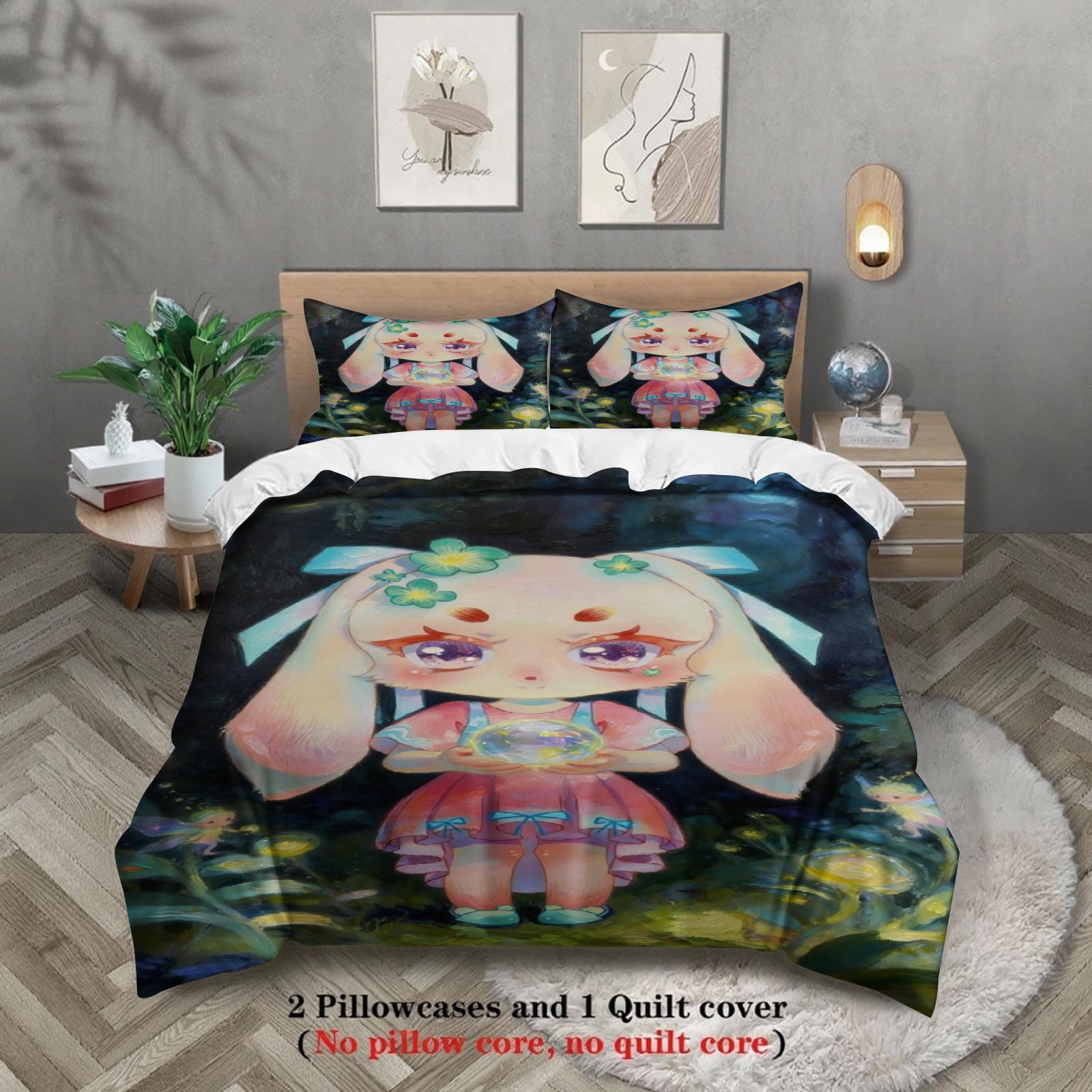 

Softville Cozy Town 3PCS Bedding Sets Lop Rabbit Holding a glowing orb Pint Duvet Cover No filling Cartoon Style Queen King Size AU Queen(210x210cm)