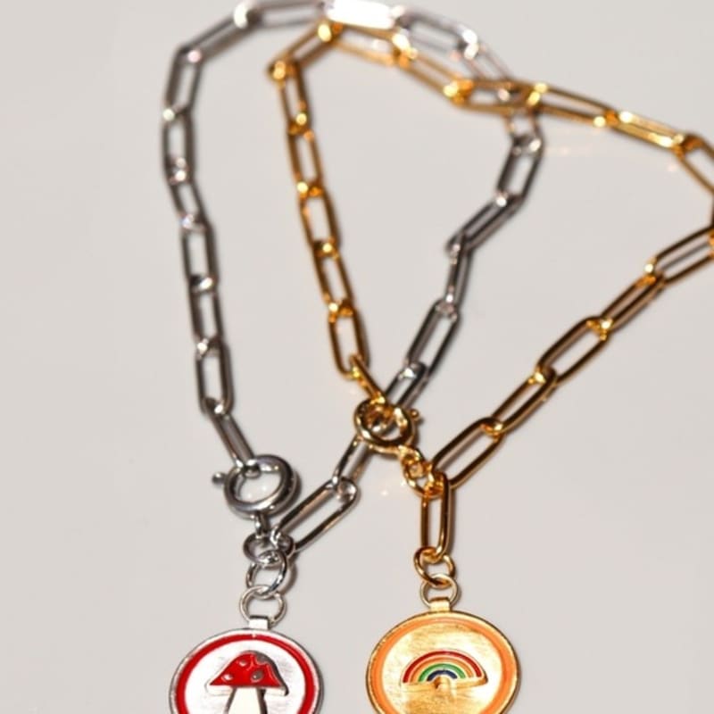 BONBEAU Rainbow Mushroom Color Coin Clip Chain Bracelet Rainbow Mushroom Epoxy Surgical Chain Bracelet