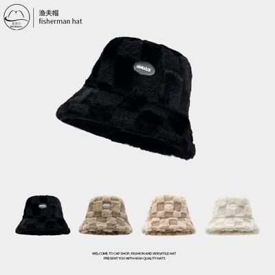 Japanese Lamb Wool Plaid Fisherman Hat Children Thickened Warm Windproof Versatile Plain Face Covering Plush Basin Hat