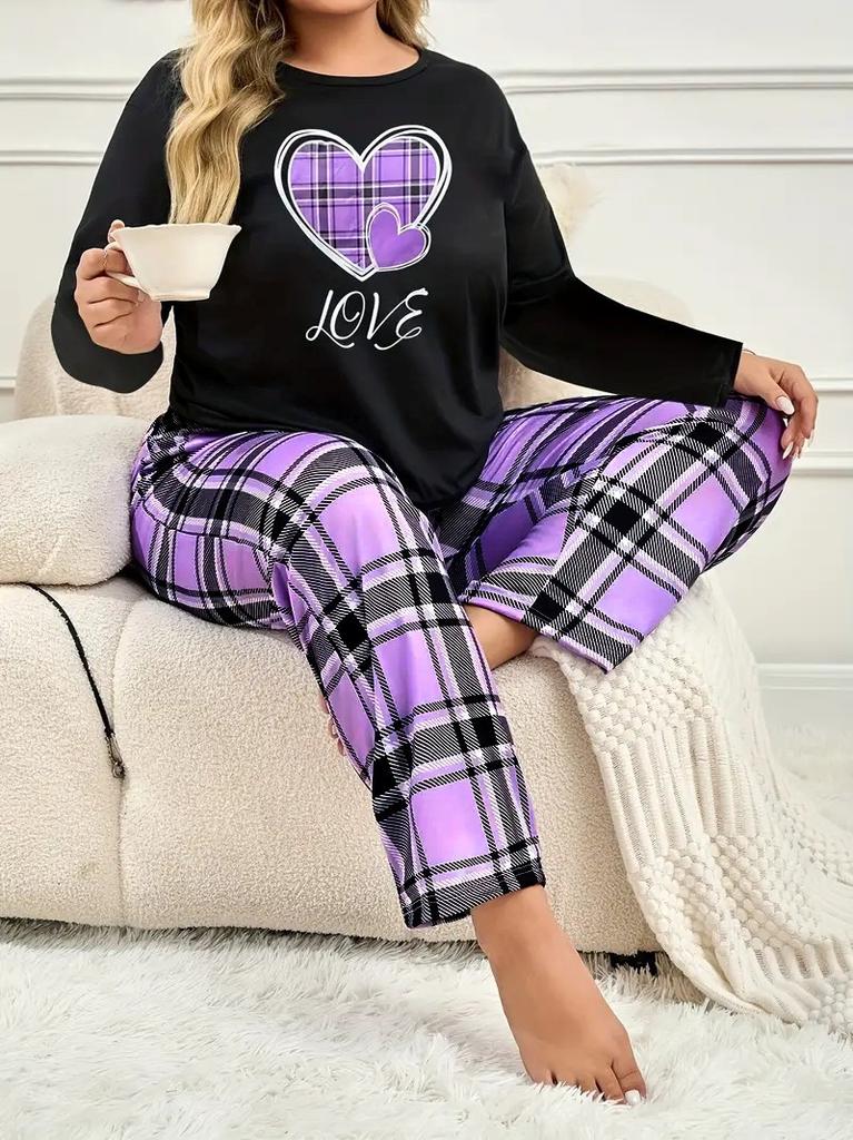 Plus-Size Curvy Women's Long-Sleeve Long-Pants Loose-Fit Casual Heart-Print T-Shirt Set